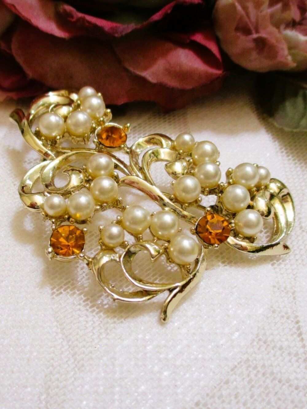 Vintage ART NOUVEAU Brooch: Goldenrod Rhinestone Pearl Swirl, Gold Plate
